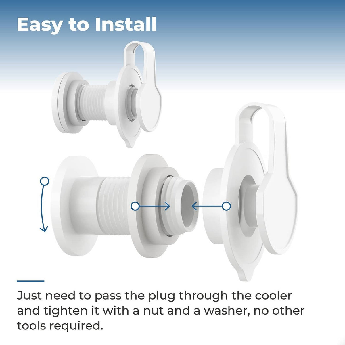 Cooler drain plug assembly with nut and washer, white plastic threaded replacement