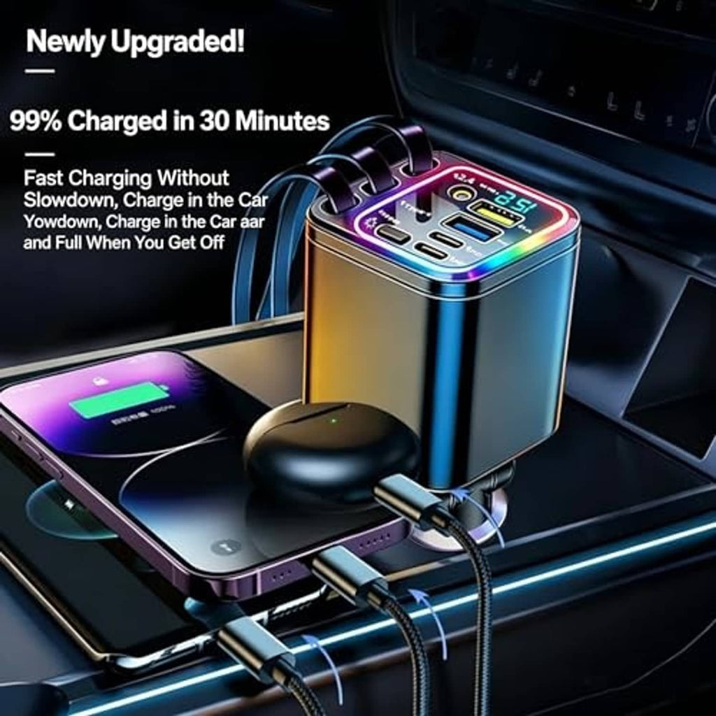 Retractable car charger with built-in retractable cable and connected charging devices