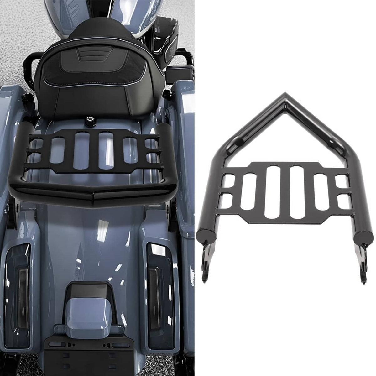 Black luggage rack installed behind motorcycle seat with slotted platform and side mounts