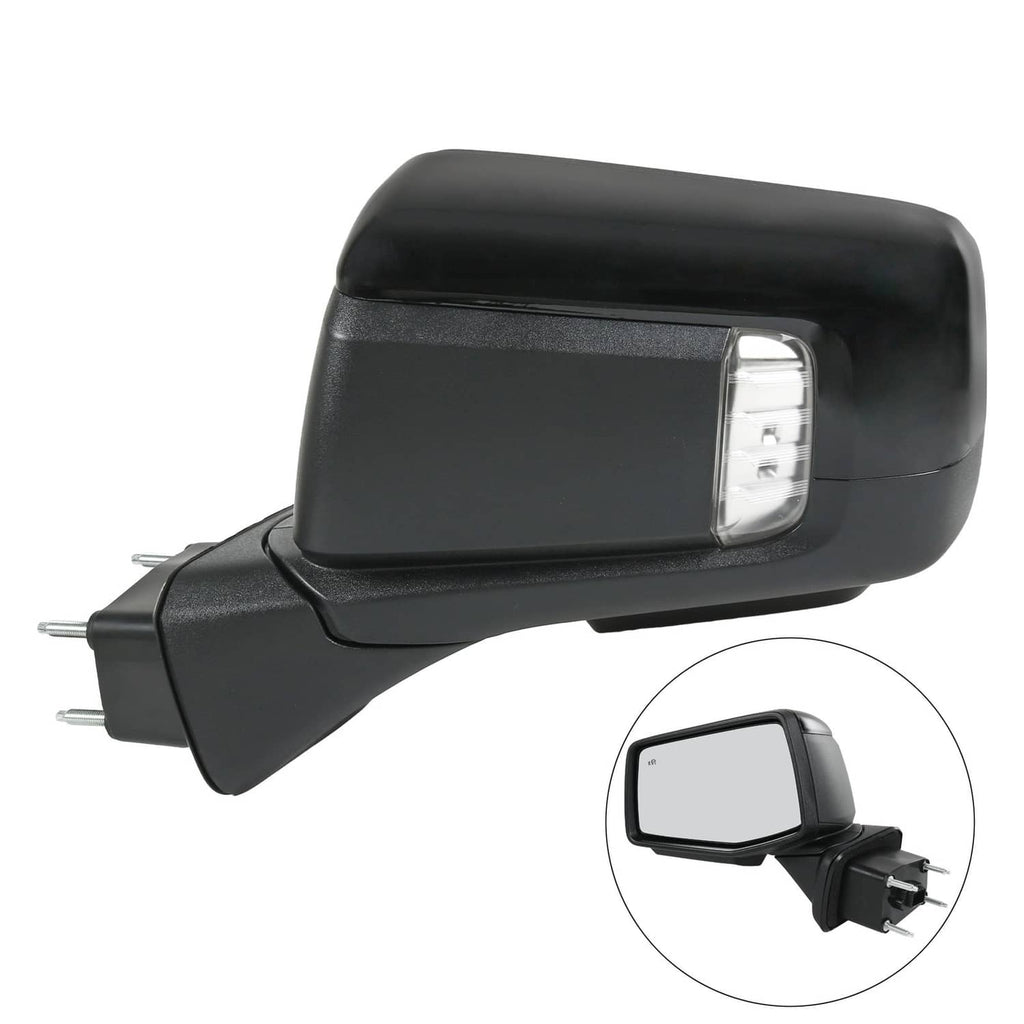 Black left driver-side power mirror with clear turn-signal lens