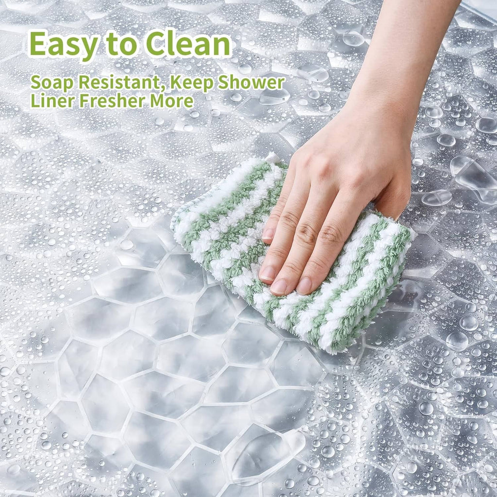 Clear white shower curtain liner with water droplets, showing easy-to-clean surface