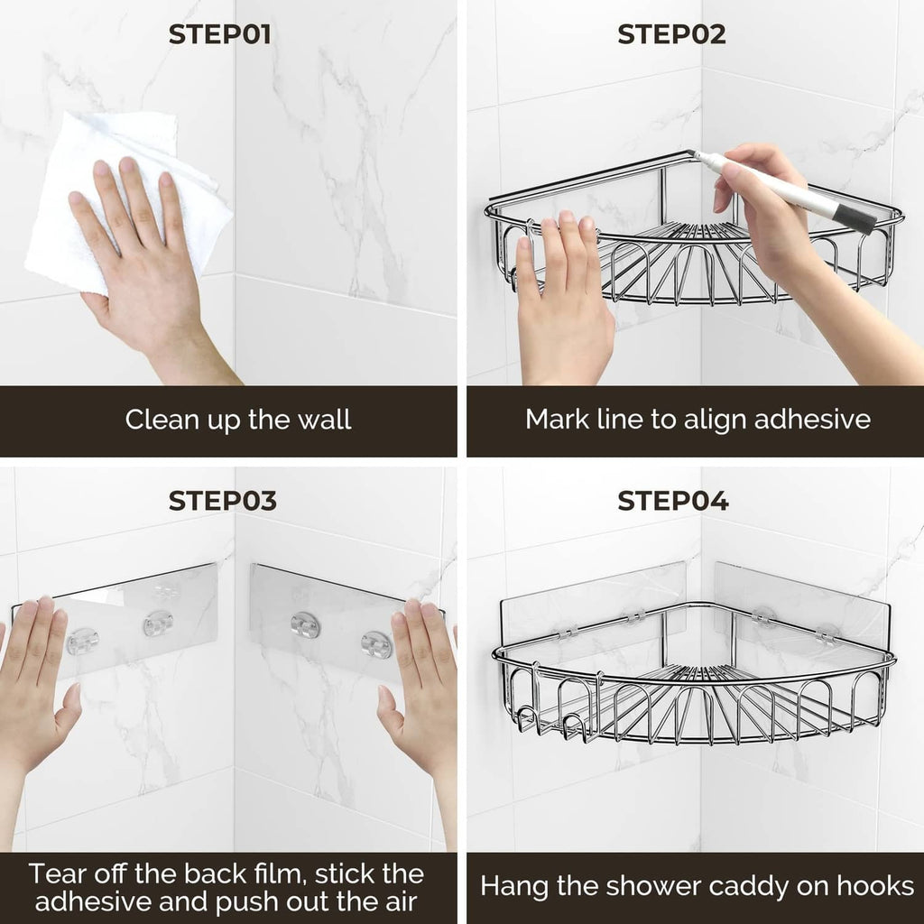 Orimade adhesive corner shower caddy mounting steps with hands aligning and pressing
