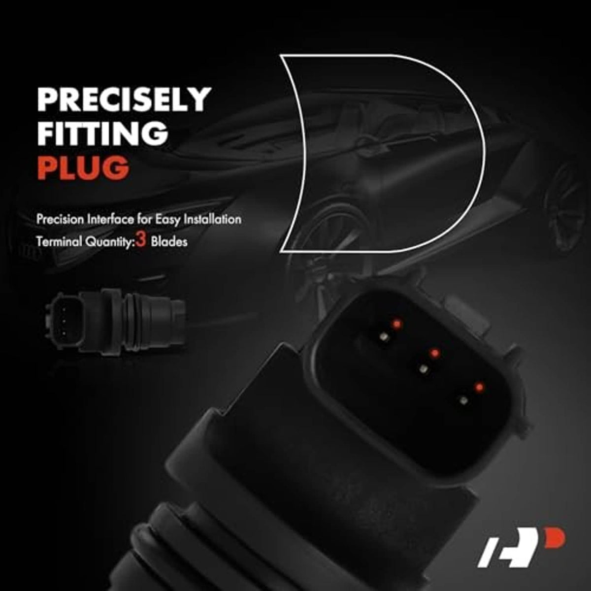 Camshaft position sensor with black electrical connector and visible terminal pins