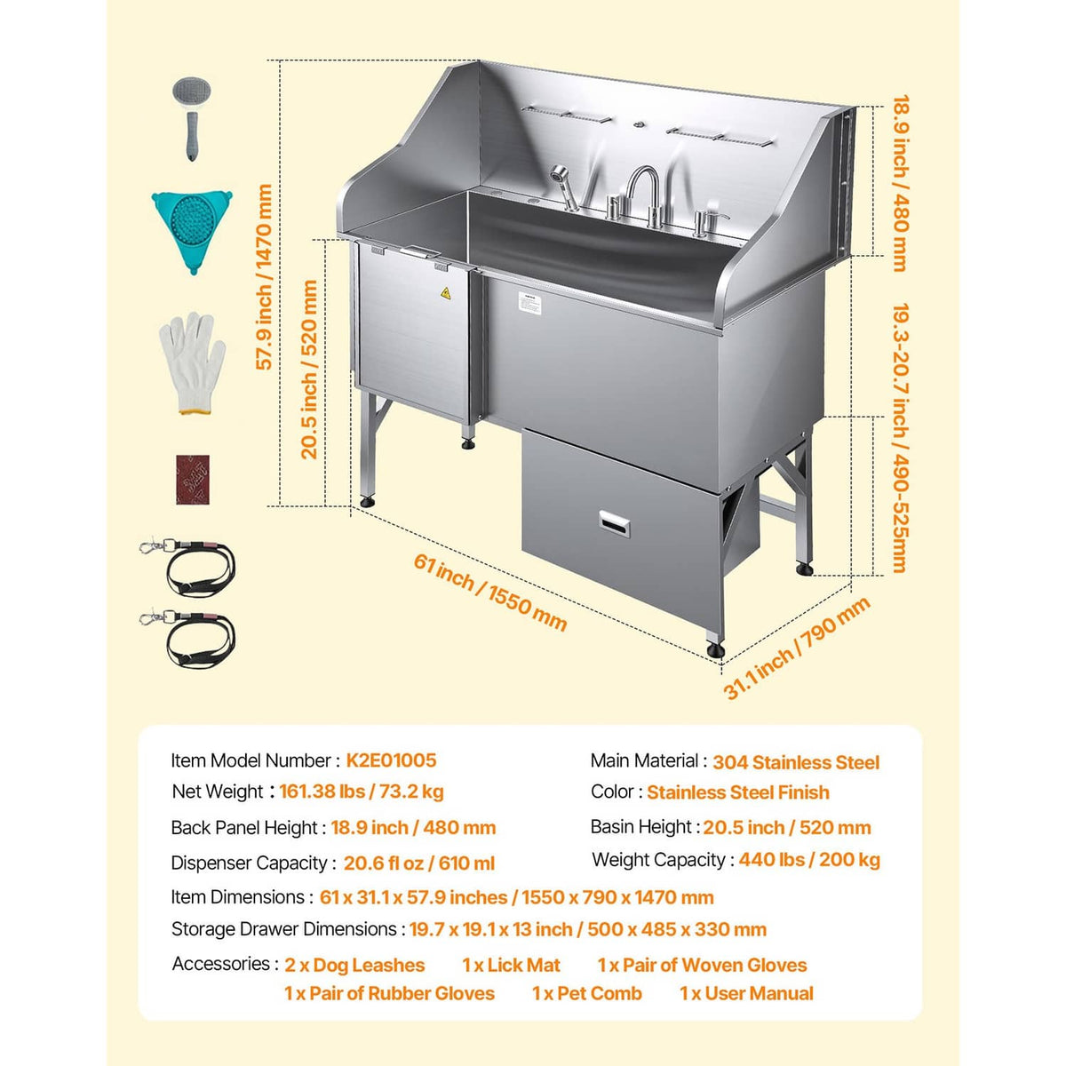 61-inch stainless steel dog grooming tub with ramp, side drawers, and included accessory set