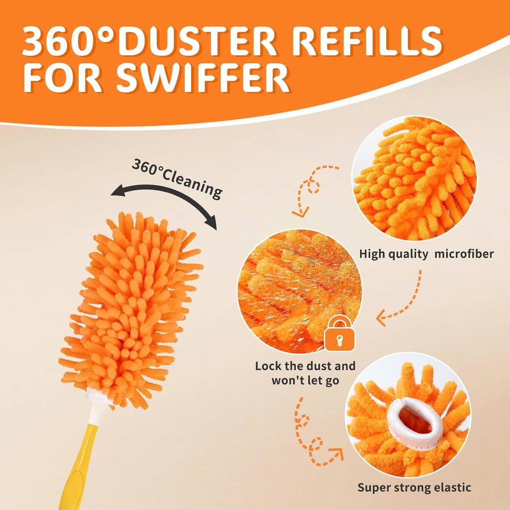 Orange 360-degree duster refill head with dense microfiber for dust pickup.