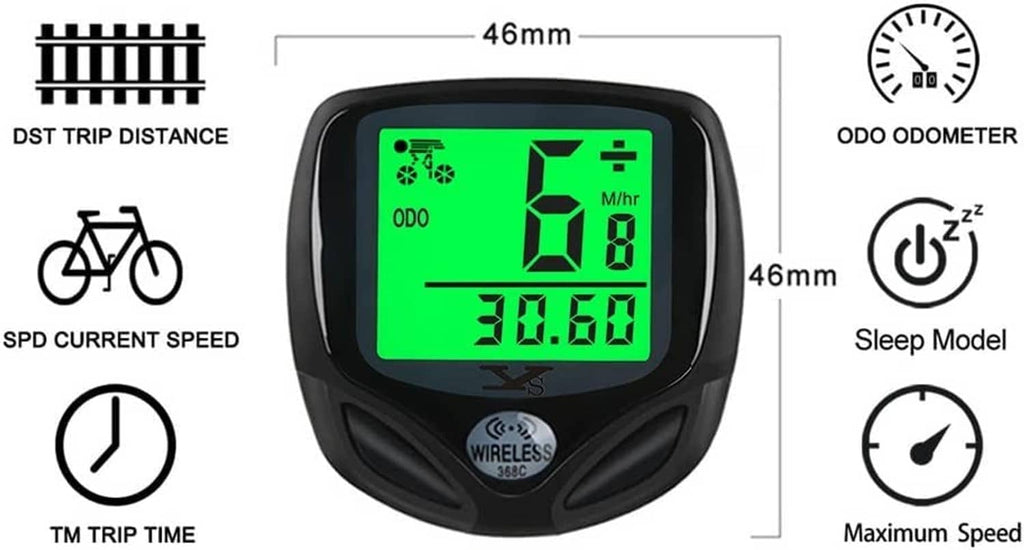 Wireless cycle computer LCD showing speed and odometer; size and features diagram