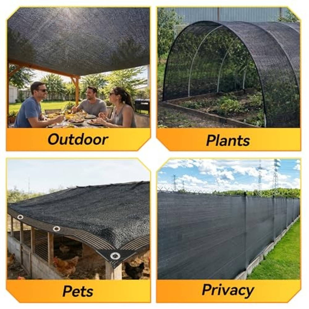 Black mesh shade cloth panels with grommets, used to cover outdoor areas and plants