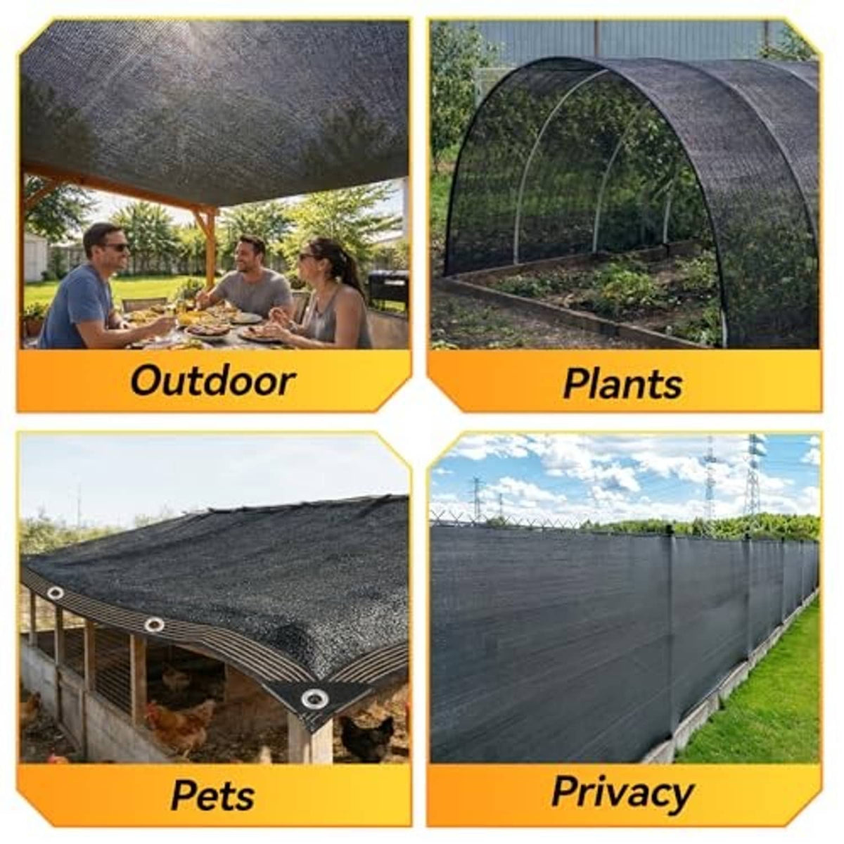 Black mesh shade cloth panels with grommets, used to cover outdoor areas and plants