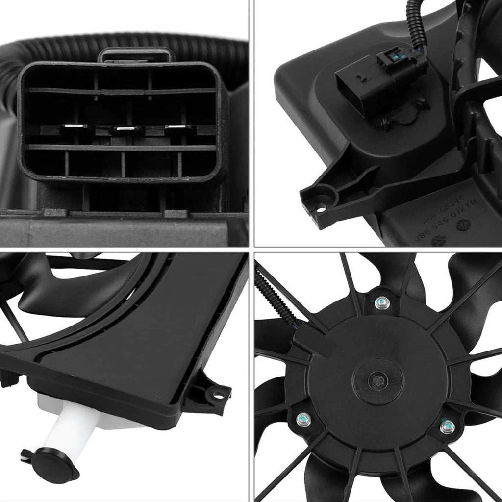 Radiator cooling fan assembly close-up of connector terminals and fan mounting plate