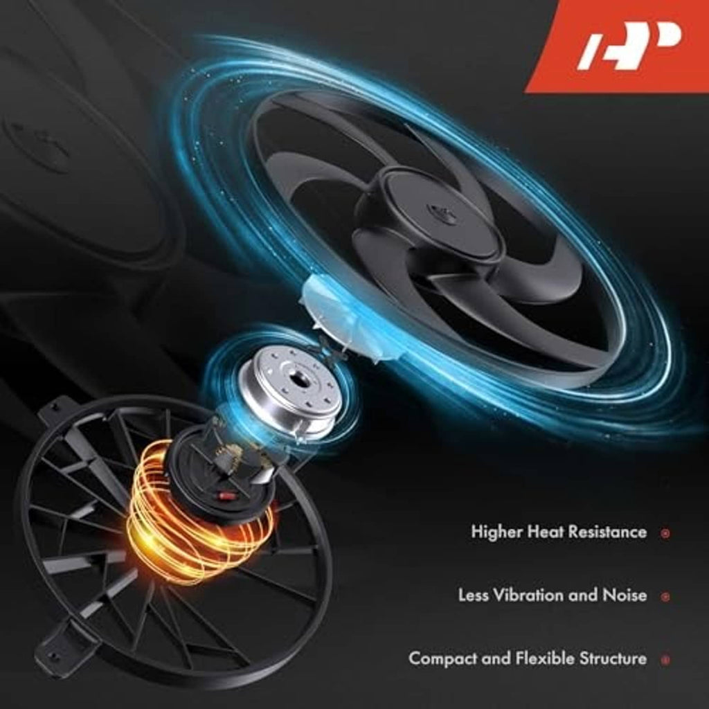 Black radiator cooling fan with glowing blue airflow effect, compact motor housing