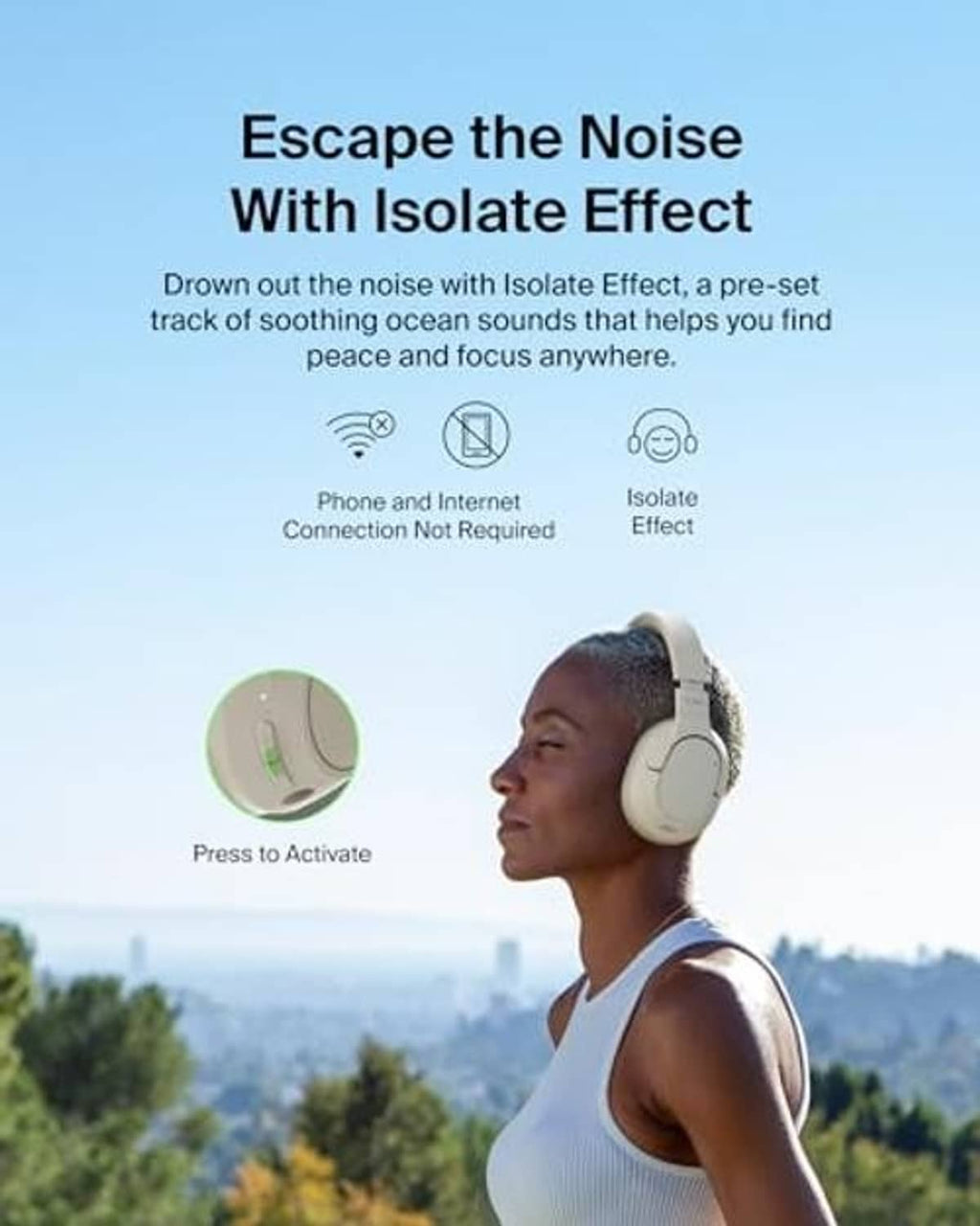 Cream over-ear ANC headphones worn on head with padded earcups and adjustable headband