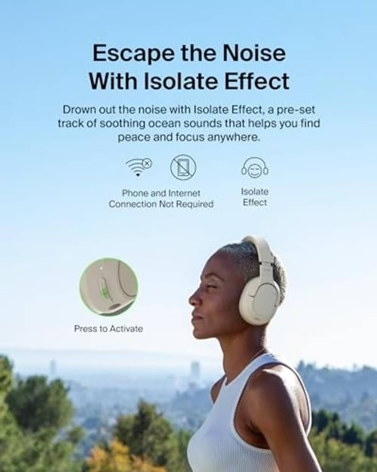 Cream over-ear ANC headphones worn on head with padded earcups and adjustable headband