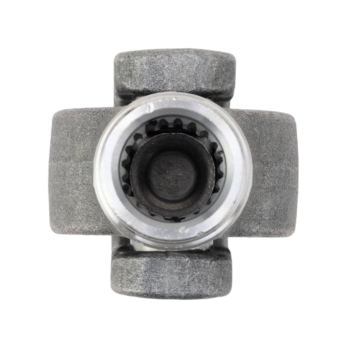 Drive shaft yoke U-joint front view showing toothed center bearing ring