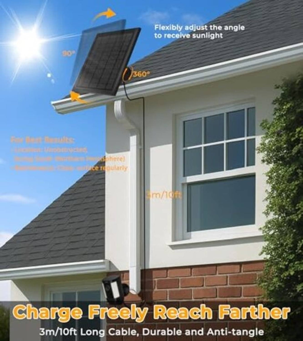 Wall-mounted adjustable black solar panel charger with long cable and mounting clips