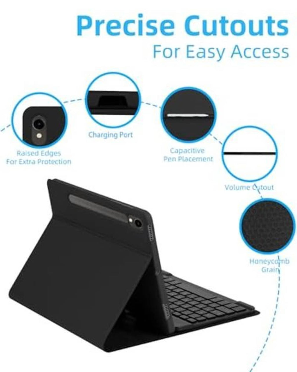 Black folio case with raised edges and precise cutouts, honeycomb grip detail