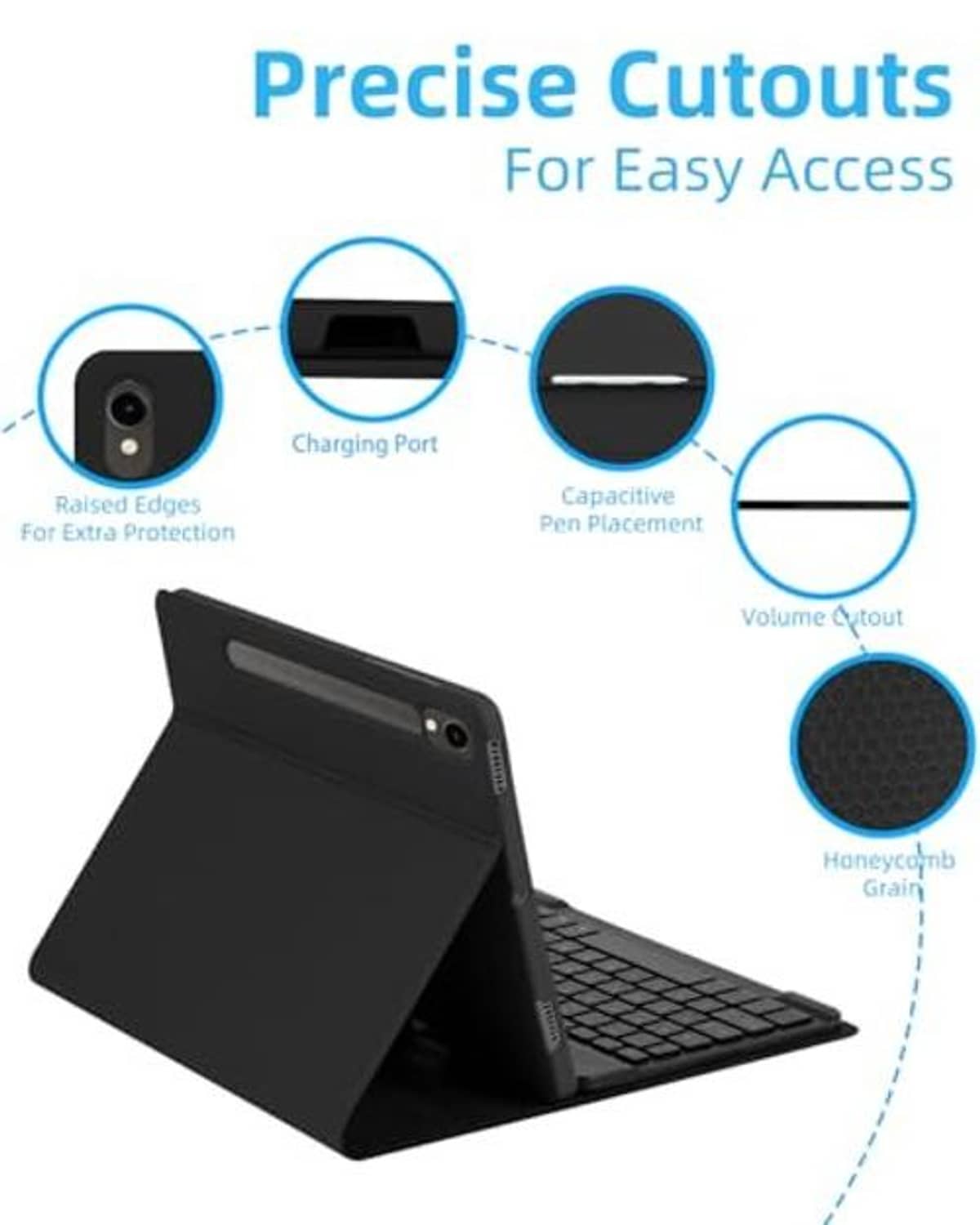 Black folio case with raised edges and precise cutouts, honeycomb grip detail