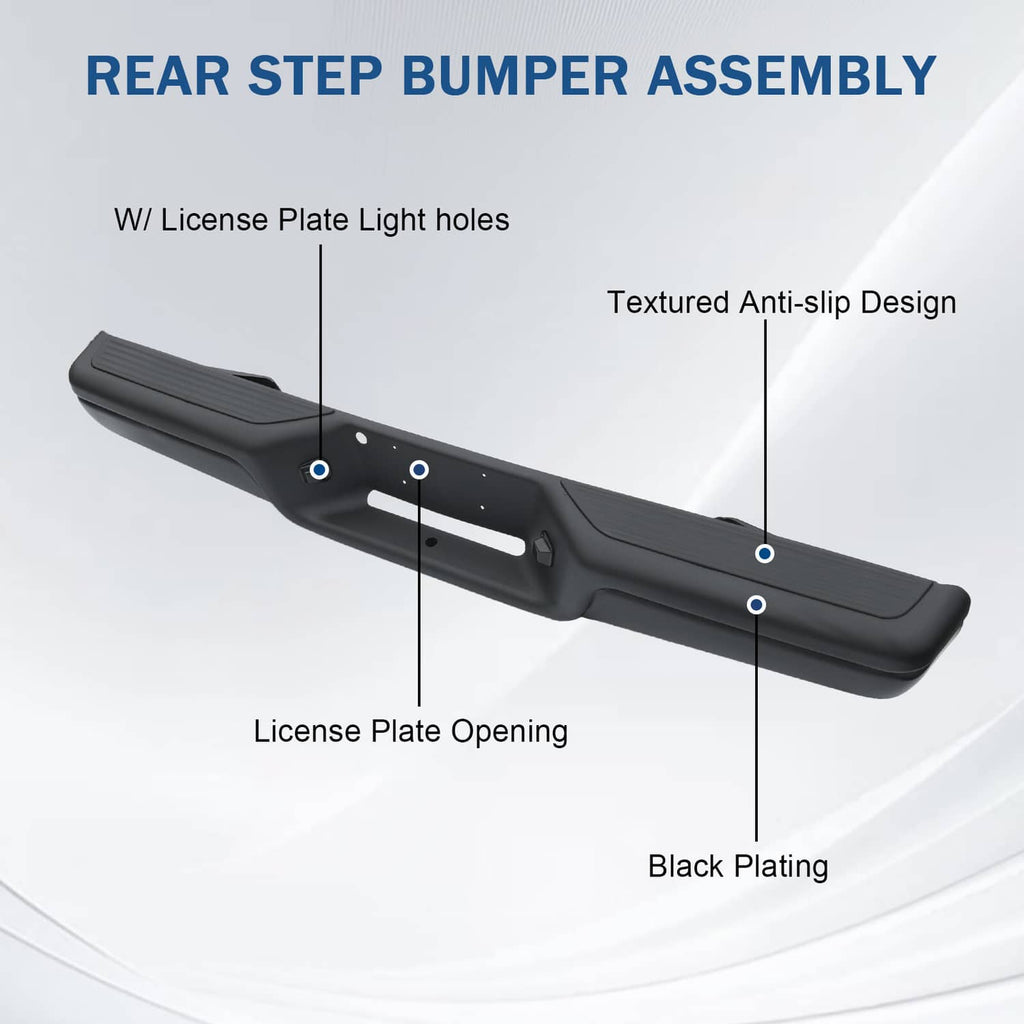 Black rear step bumper with textured anti-slip surface and license plate light holes