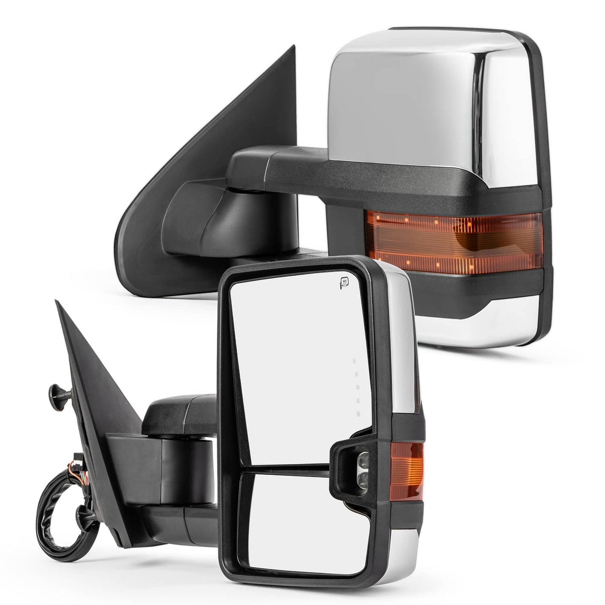Heated towing mirrors pair with chrome mirror caps and amber turn signals, side views