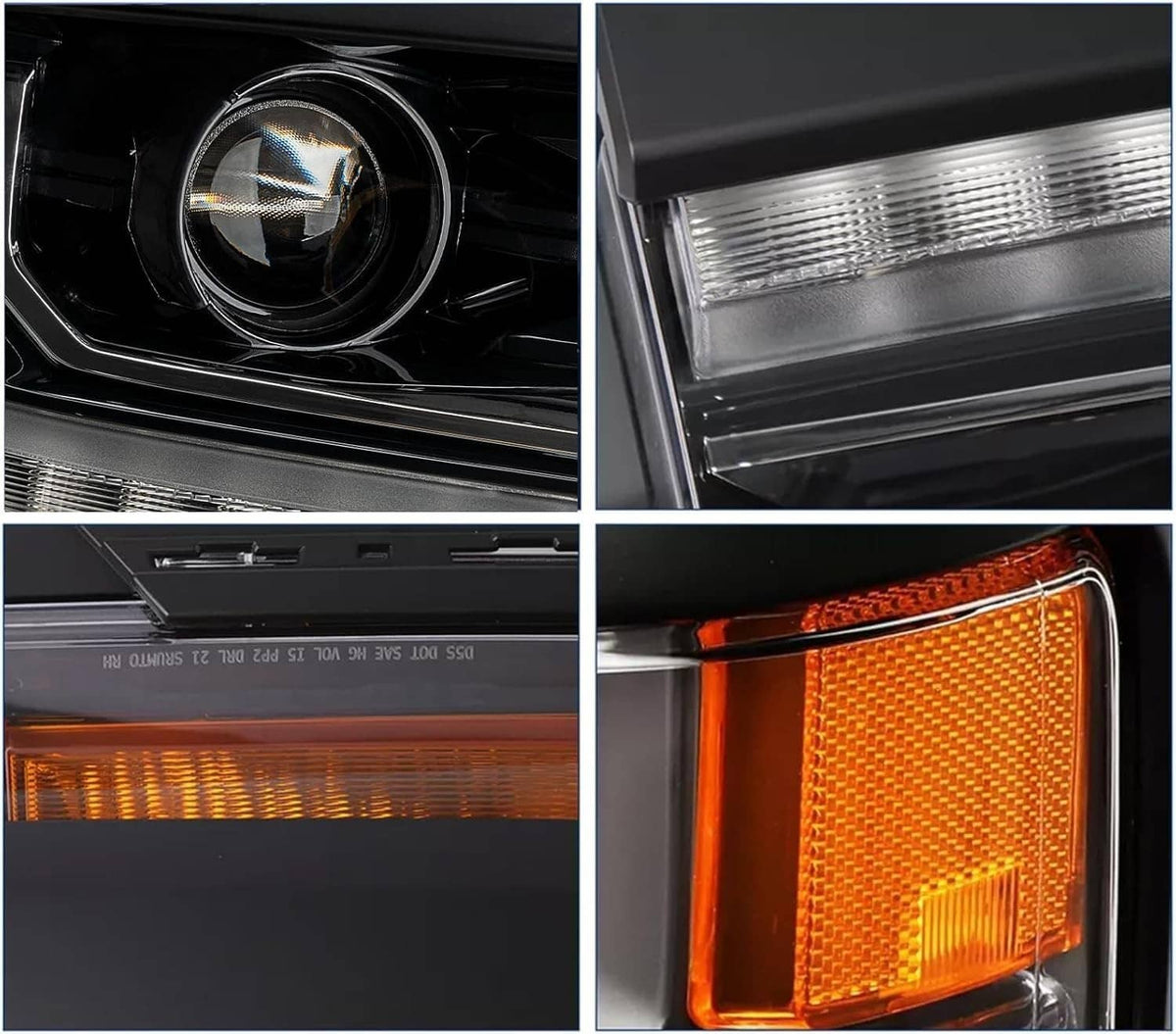 Headlight detail: projector lens, horizontal chrome reflector, amber DRL strip