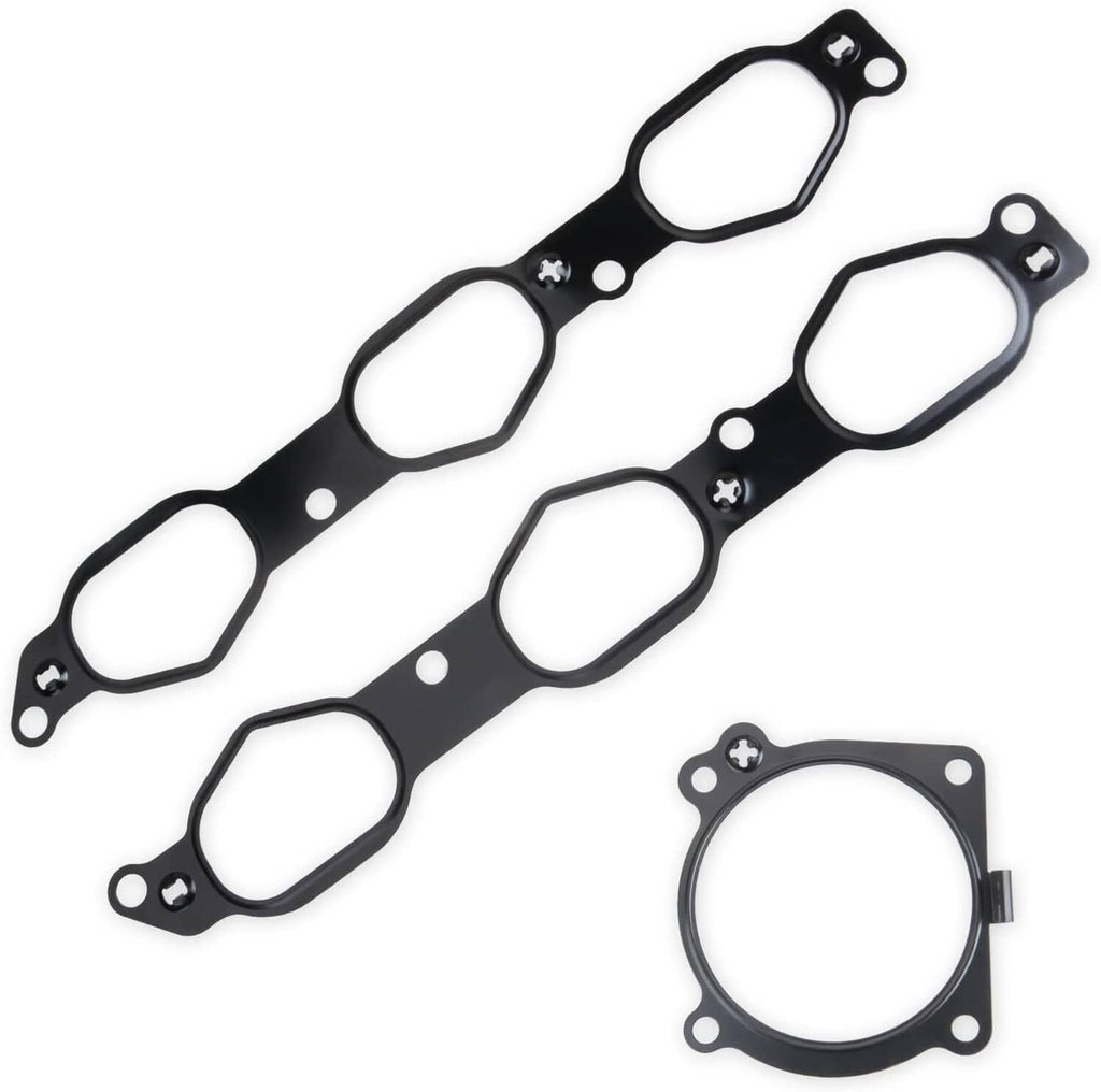 Intake manifold gasket set with black rubber seals and mounting holes