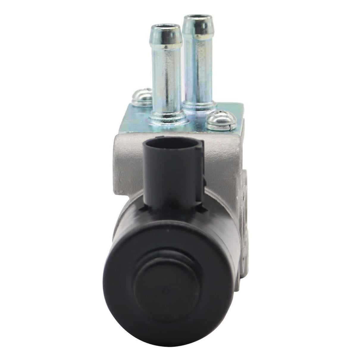 Idle air control valve front view with black electrical connector and two metal tubes
