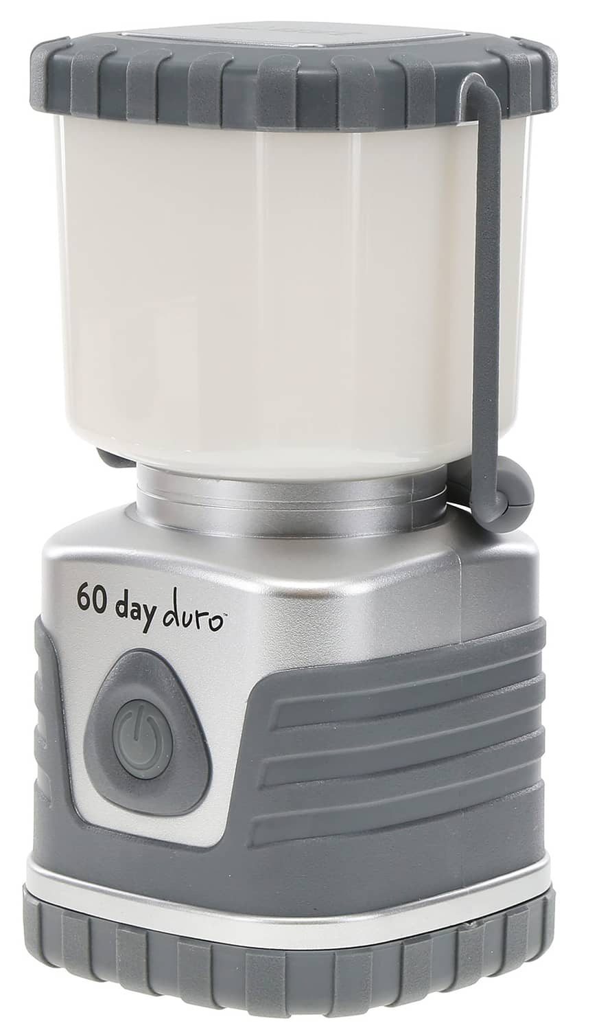 Portable LED lantern with white diffuser, gray base, and side loop handle