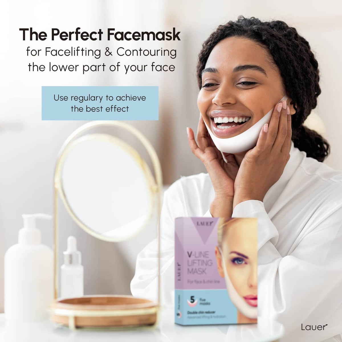 V-line lifting face mask for face and chin line, white fitted mask on smiling user
