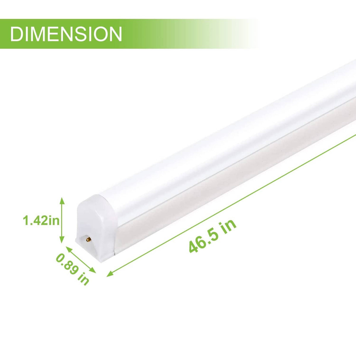 White 4 ft LED tube light with end caps, with size dimensions shown