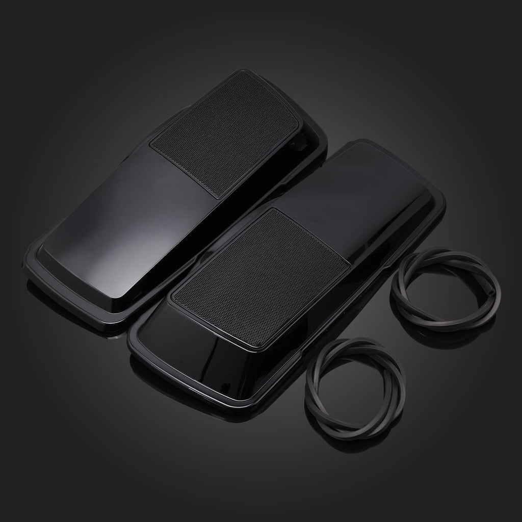 Black hard saddlebag speaker covers with textured speaker grilles and two cable sets