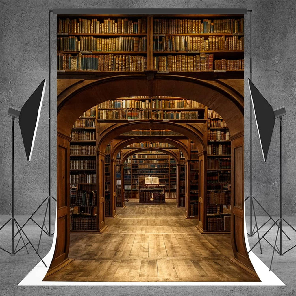 Wizard school library photography backdrop with arched bookshelves and archway