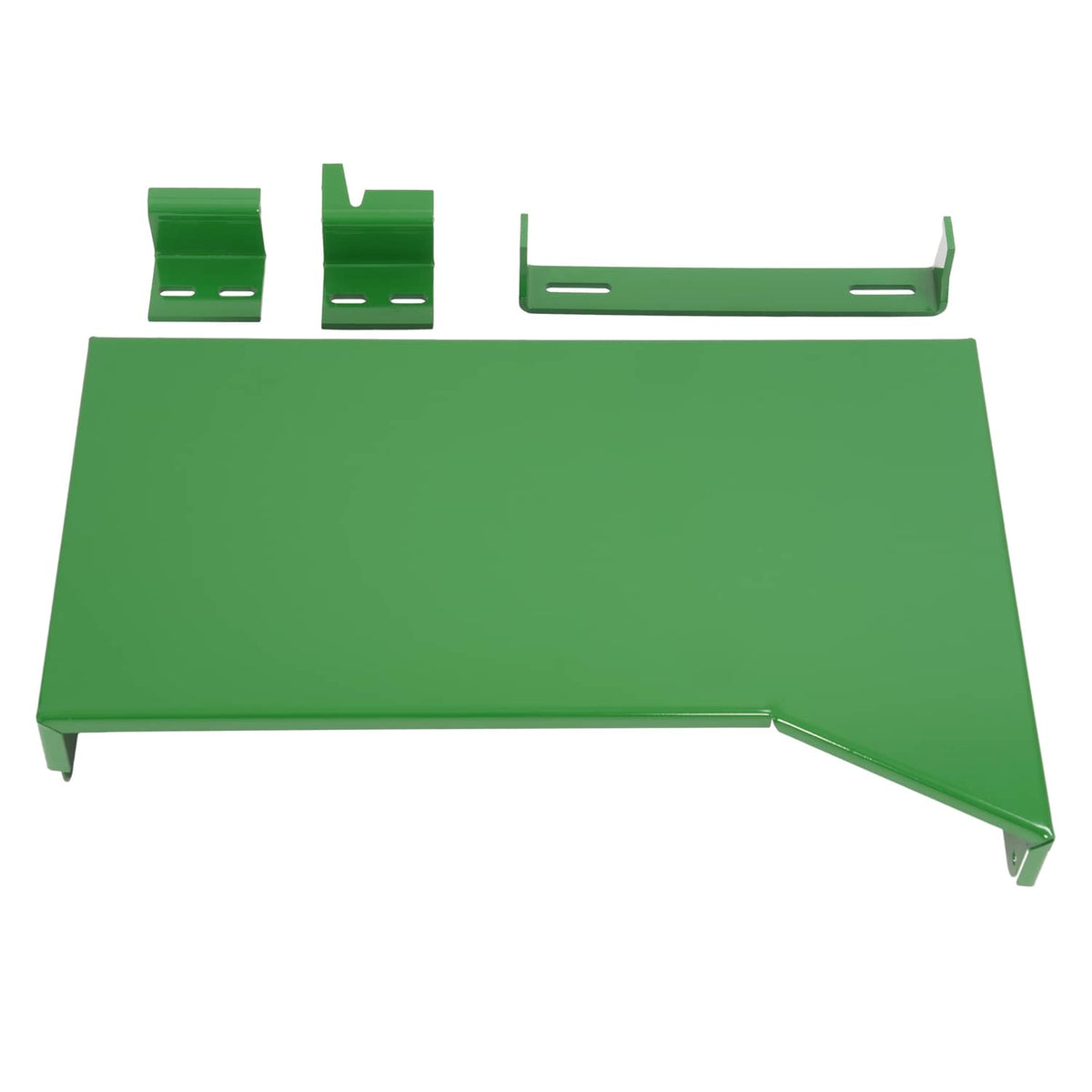Green metal battery box with open top and angled end supports, plus bracket mounts