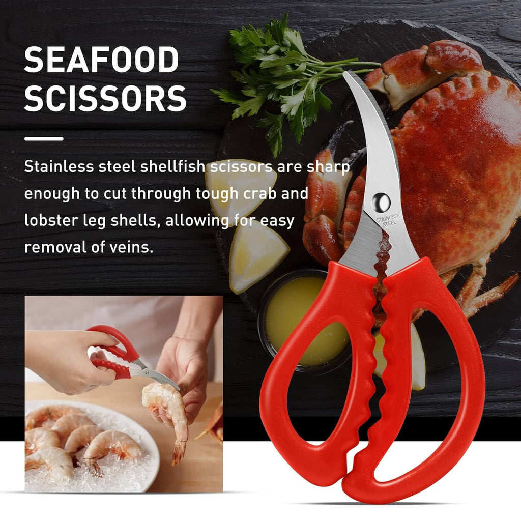 Red seafood scissors with stainless steel shellfish cutting blades