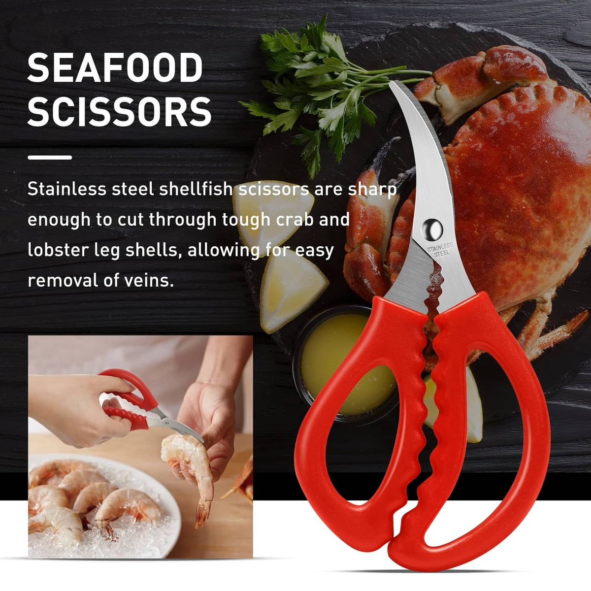 Red seafood scissors with stainless steel shellfish cutting blades