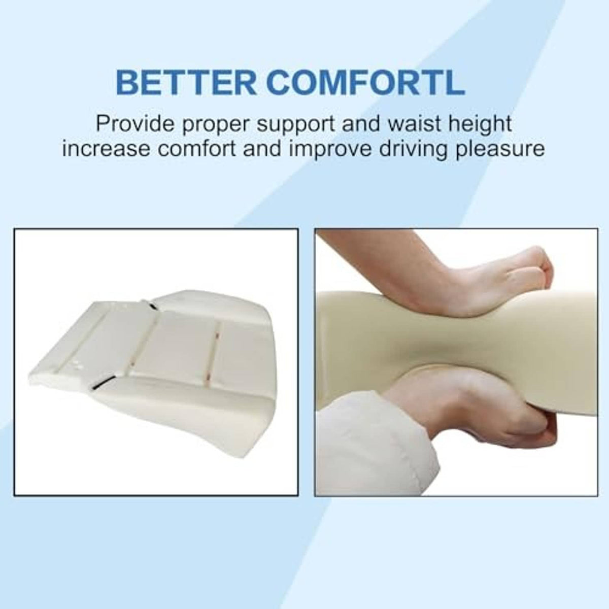 Cream foam seat cushion insert under pressure, with red-stitched sections and cutouts