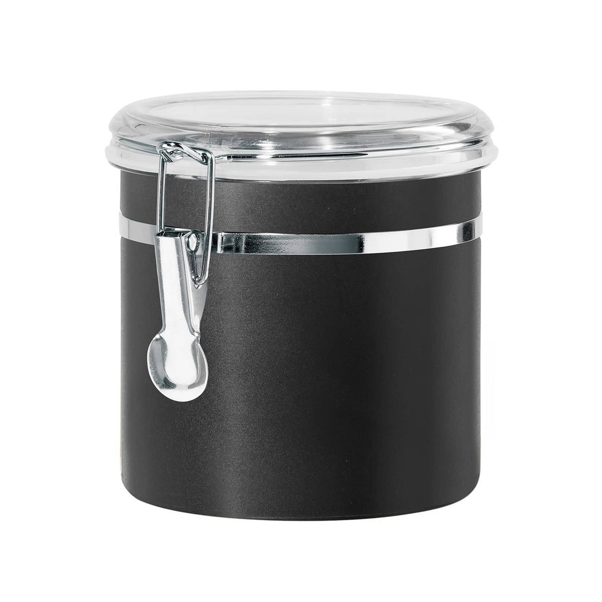 Black stainless steel food storage container with clear clamp-on lid and latch
