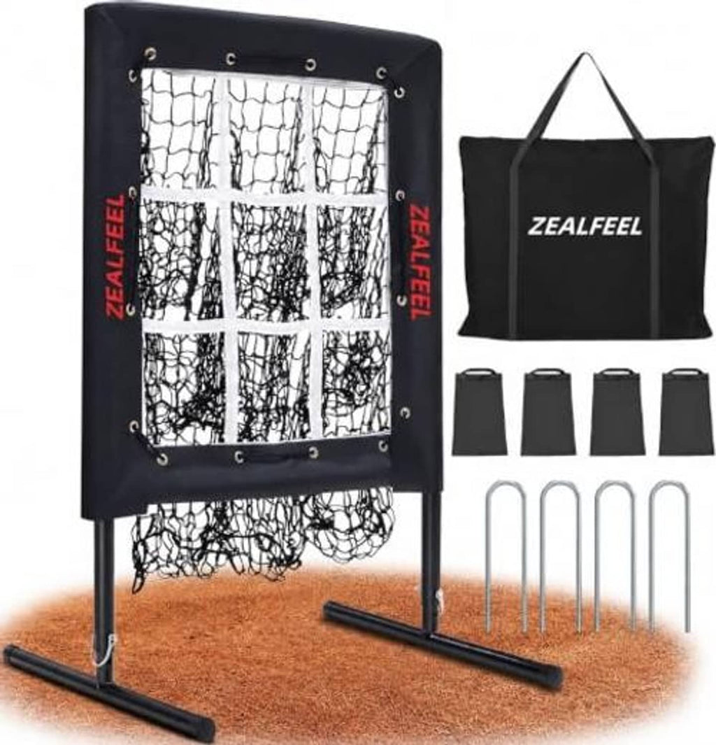 Black strike-zone pitching net with carry bag, stakes and accessory pieces