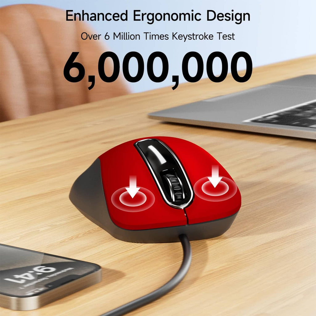 Red wired ergonomic mouse with curved shape and central black scroll wheel