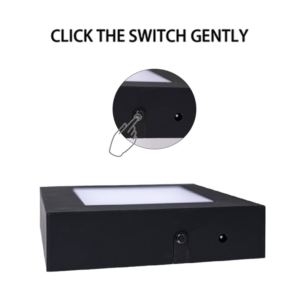 Black square LED light stand base with side switch latch and glowing window