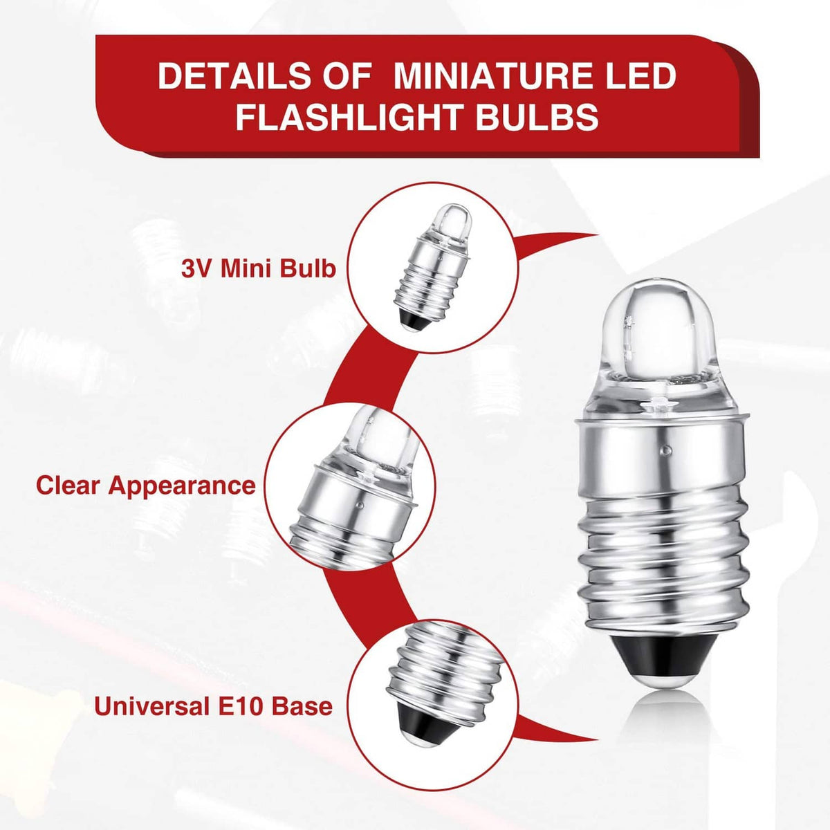 Single mini E10 LED flashlight bulb with clear lens, silver screw base, black contact tip