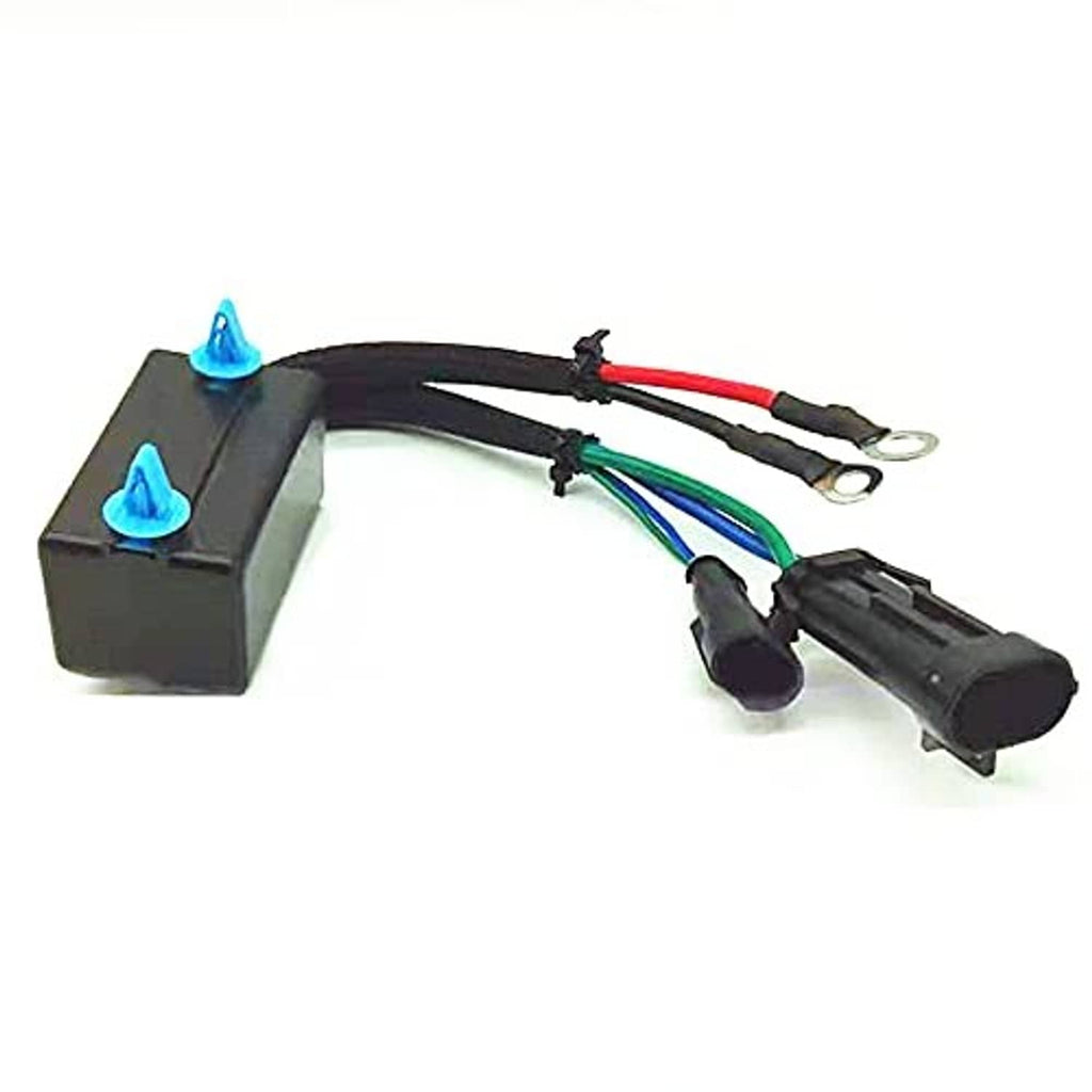 Tilt trim relay module with blue terminals, black wiring leads and two connector plugs