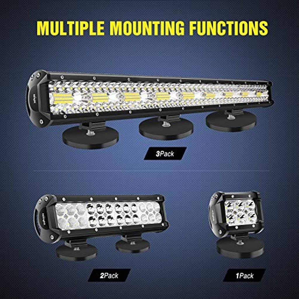 Magnetic mounting bases holding an LED light bar in multiple pack configurations