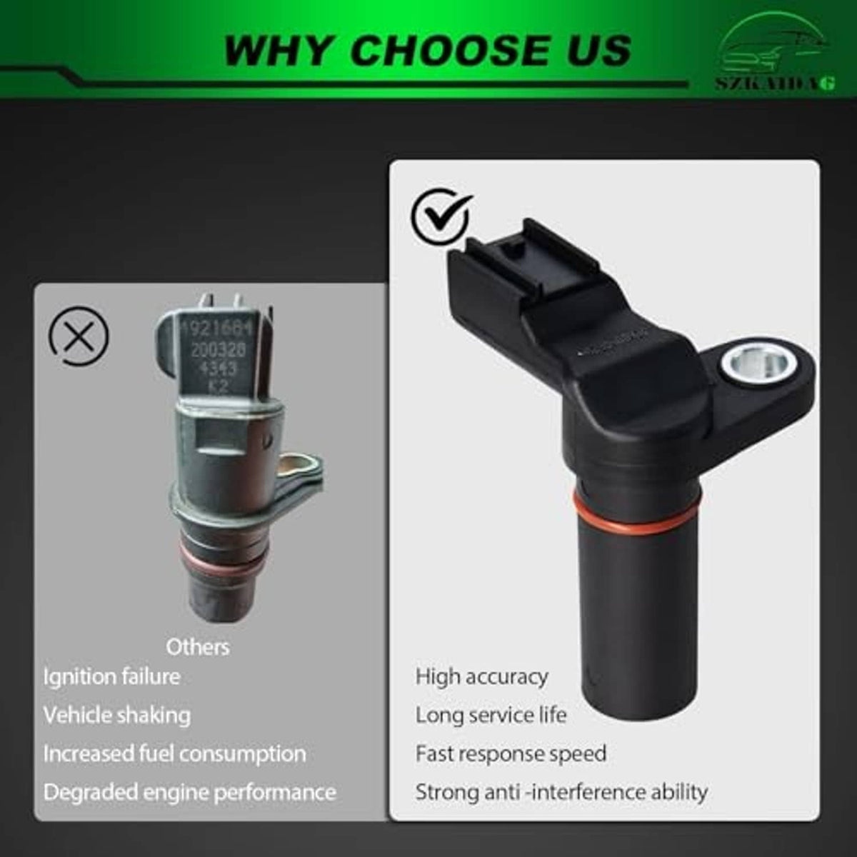 Camshaft position sensor with connector plug and mounting hole, shown vs other part