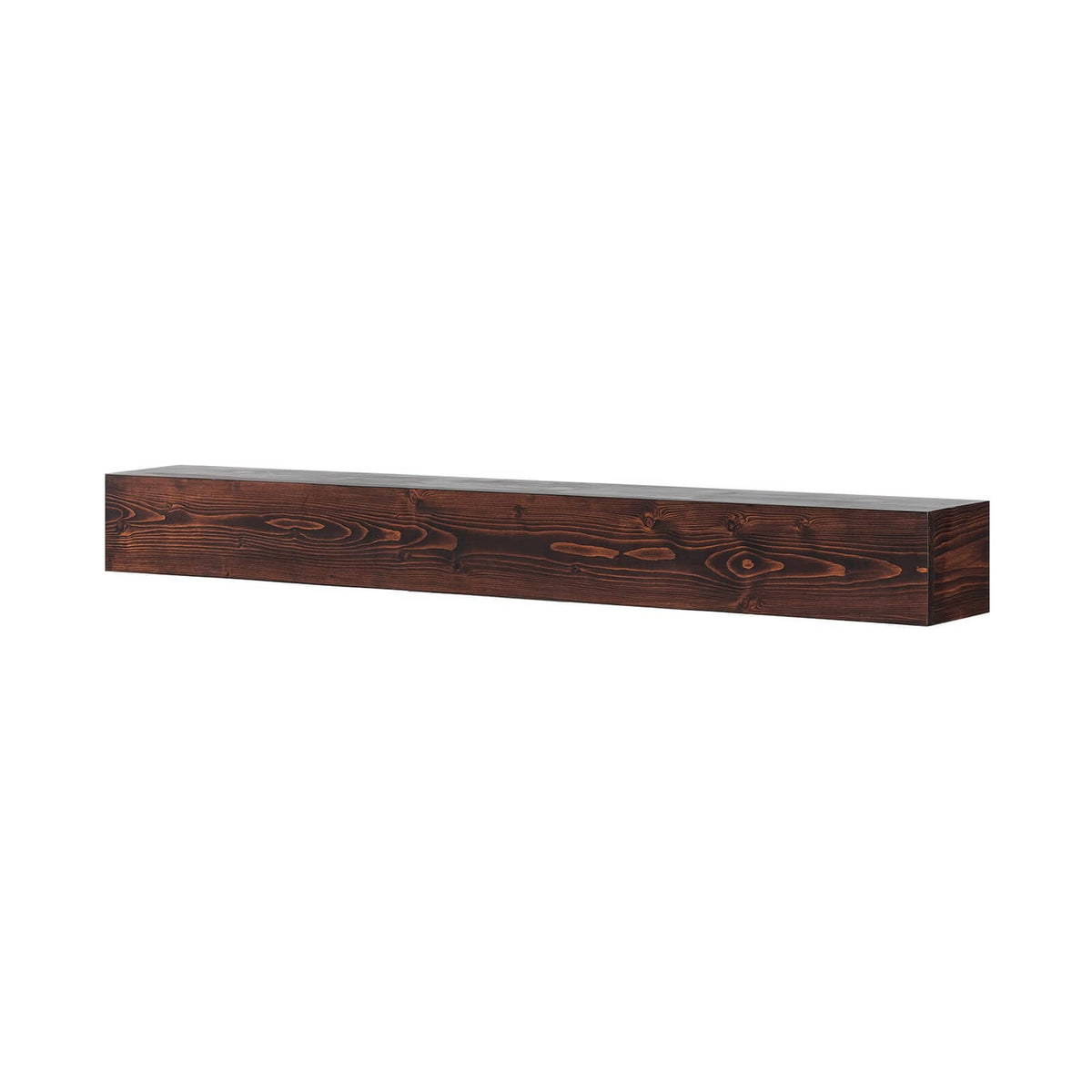 Dark brown floating fireplace mantel shelf with visible knots and long wood grain