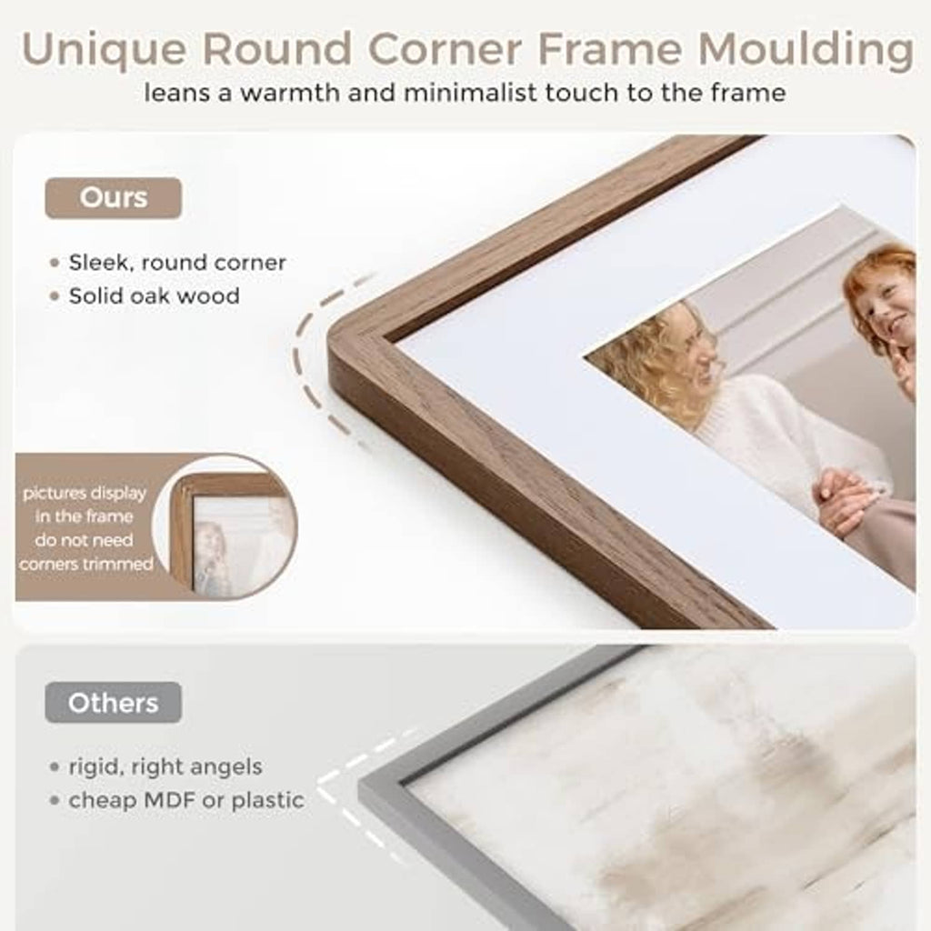 Rounded-corner solid oak frame molding for a square picture frame.