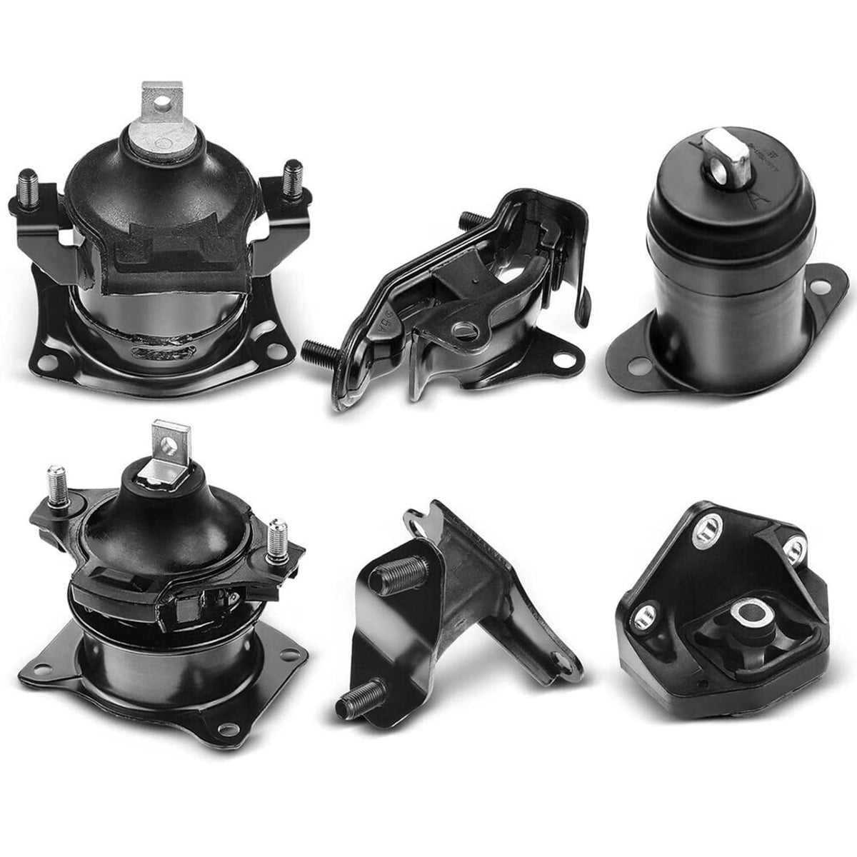 Engine and transmission mount set with multiple black rubber mounts and brackets