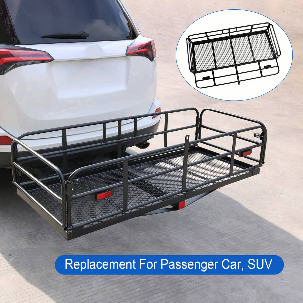 Hitch cargo carrier basket with mesh deck and side guard rails for SUV towing