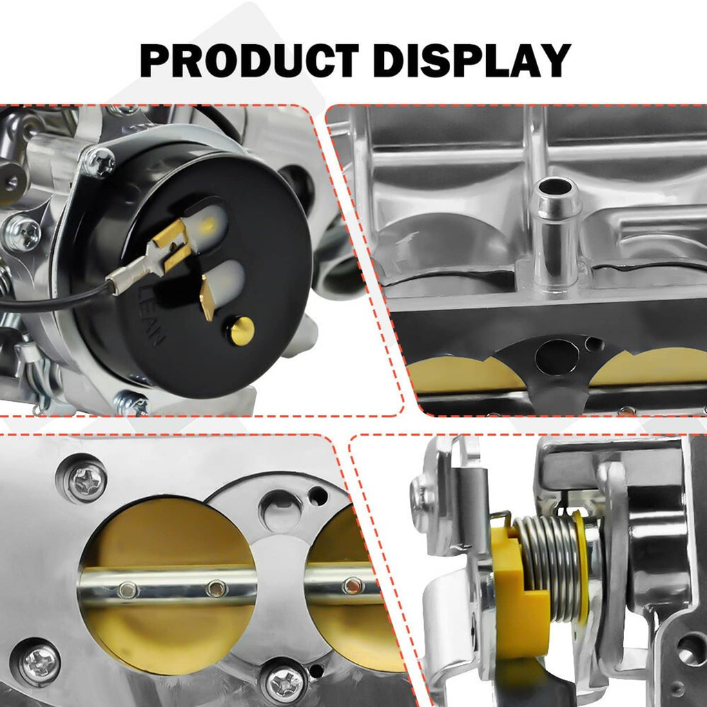 2-barrel electric-choke carburetor, side view with black air horn and choke housing