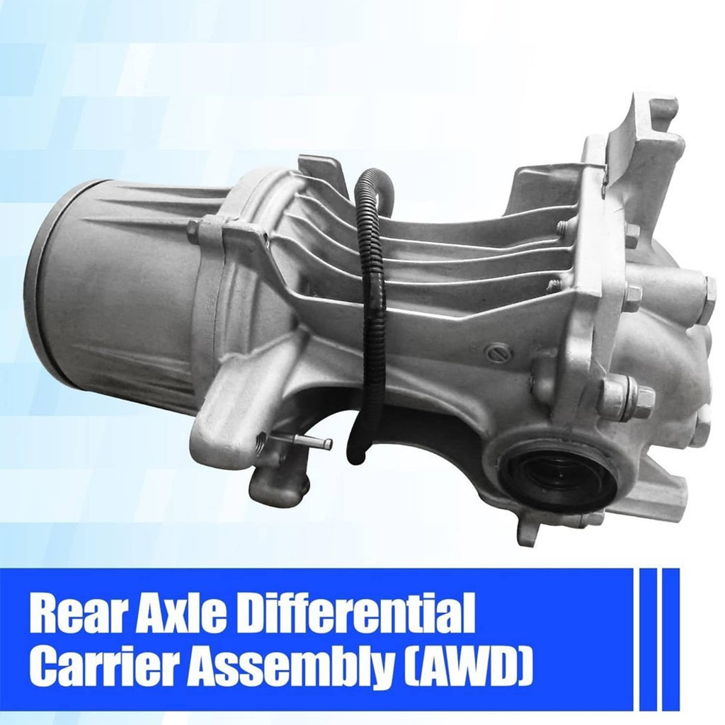 Silver rear axle differential carrier assembly side view with ribbed cover and wiring