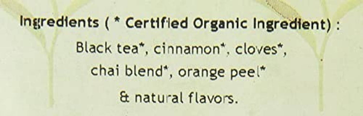 Chai tea ingredients panel: black tea with cinnamon, cloves, chai blend, orange peel
