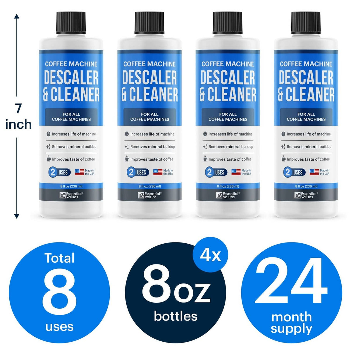 Coffee machine descaler & cleaner bottles, blue labels, height and use infographic